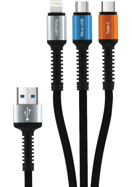 MF MFB406 Lightning Micro USB Type-C Cihazlar 3 in 1 Şarj Kablosu 1.2 M